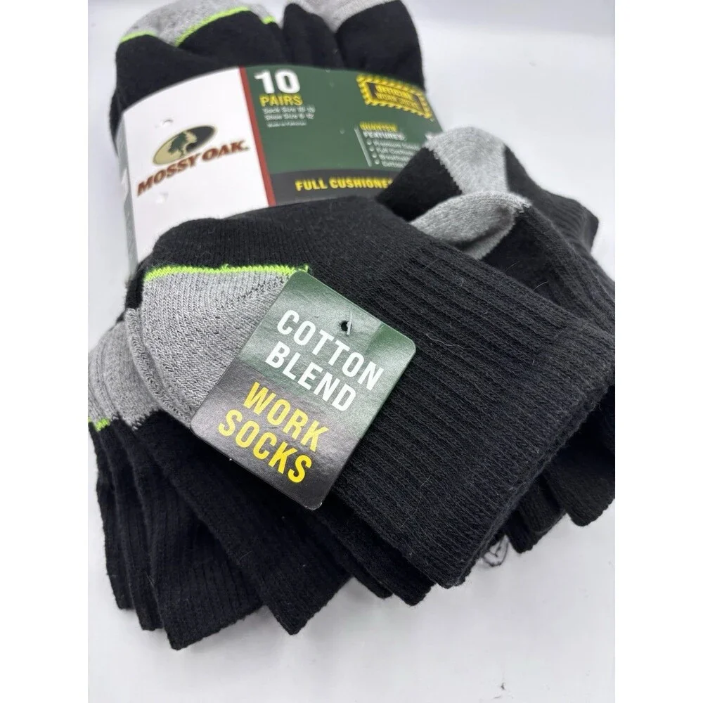 MOSSY OAK Mens Full Cushioned Quarter Work Socks 10 Pairs Shoe Size 6-12 BLACK